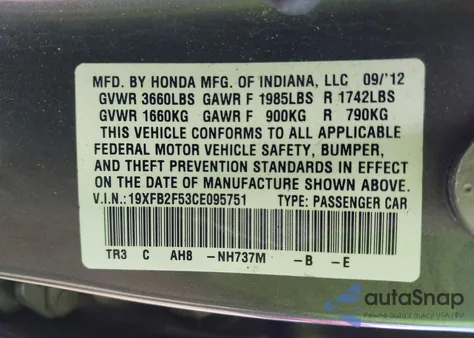 2012 Honda Civic Lx from USA, damaged, VIN 19XFB2F53CE095751
